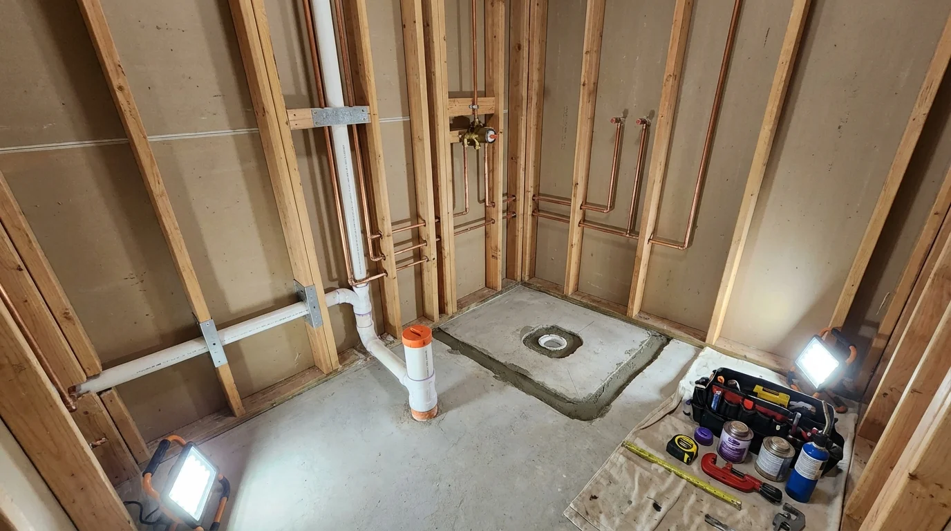 Bathroom rough-in plumbing during remodel by Johns Plumbing LLC in Boston