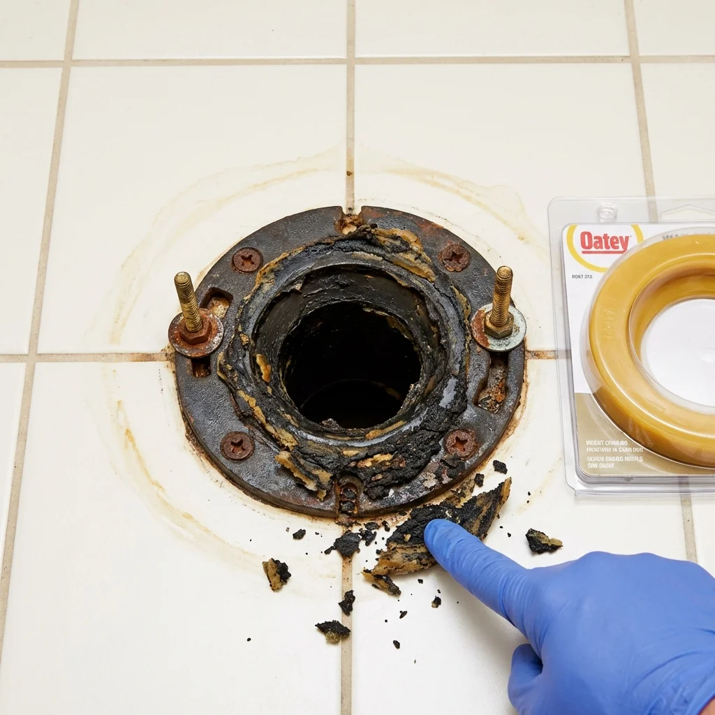 Failed wax ring showing water seepage at the base of a toilet in a Boston, NY home